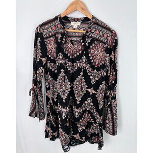 Style & Co Multicolor Blouse Lace Bell Sleeve Aztec Motif Shirt Women's Small